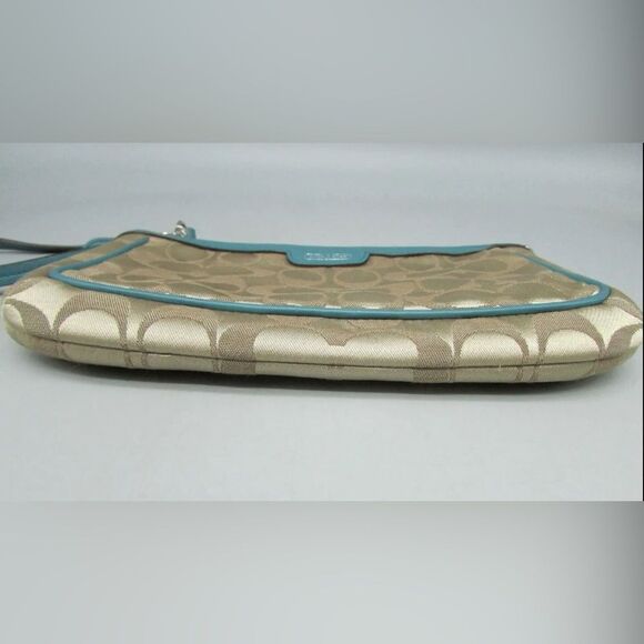 Coach Khaki Signature Sateen Canvas w/ Teal Leather Trim Wristlet Handbag Purse - Picture 6 of 6